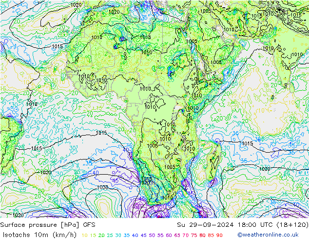 Isotachs (kph) GFS Вс 29.09.2024 18 UTC