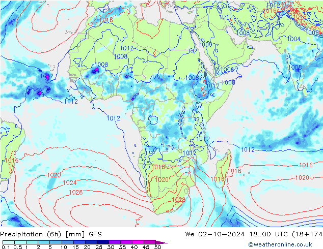 Z500/Rain (+SLP)/Z850 GFS mer 02.10.2024 00 UTC