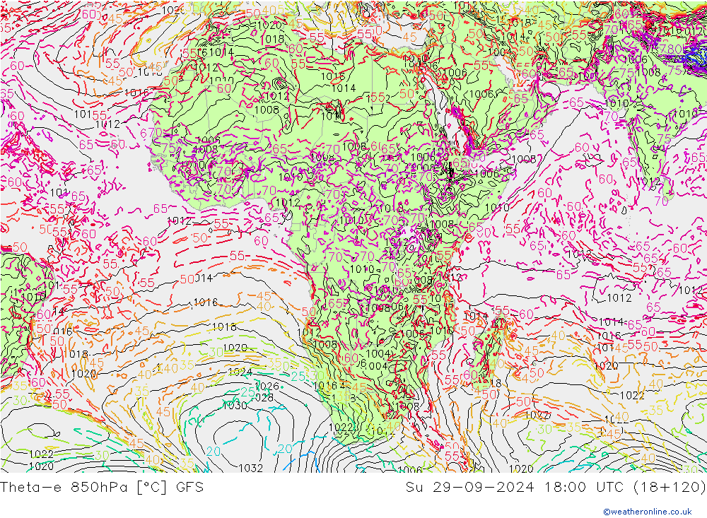 Theta-e 850hPa GFS Su 29.09.2024 18 UTC