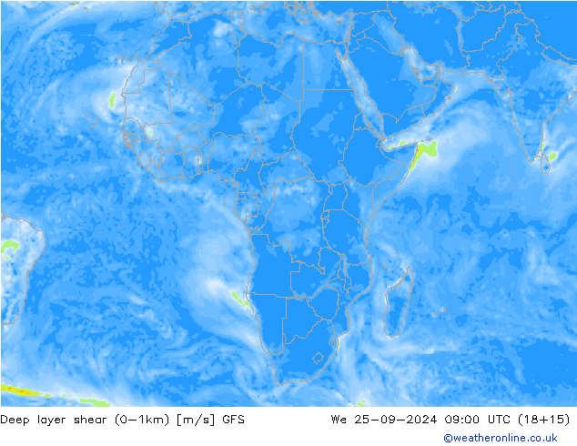 Deep layer shear (0-1km) GFS ср 25.09.2024 09 UTC