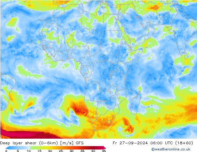 Deep layer shear (0-6km) GFS Fr 27.09.2024 06 UTC