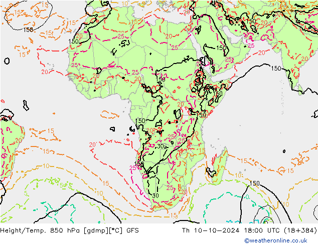 Height/Temp. 850 hPa GFS Čt 10.10.2024 18 UTC