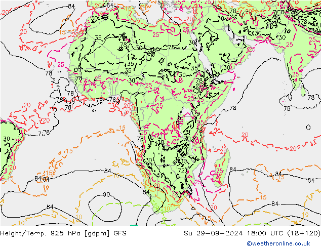 Height/Temp. 925 hPa GFS dom 29.09.2024 18 UTC