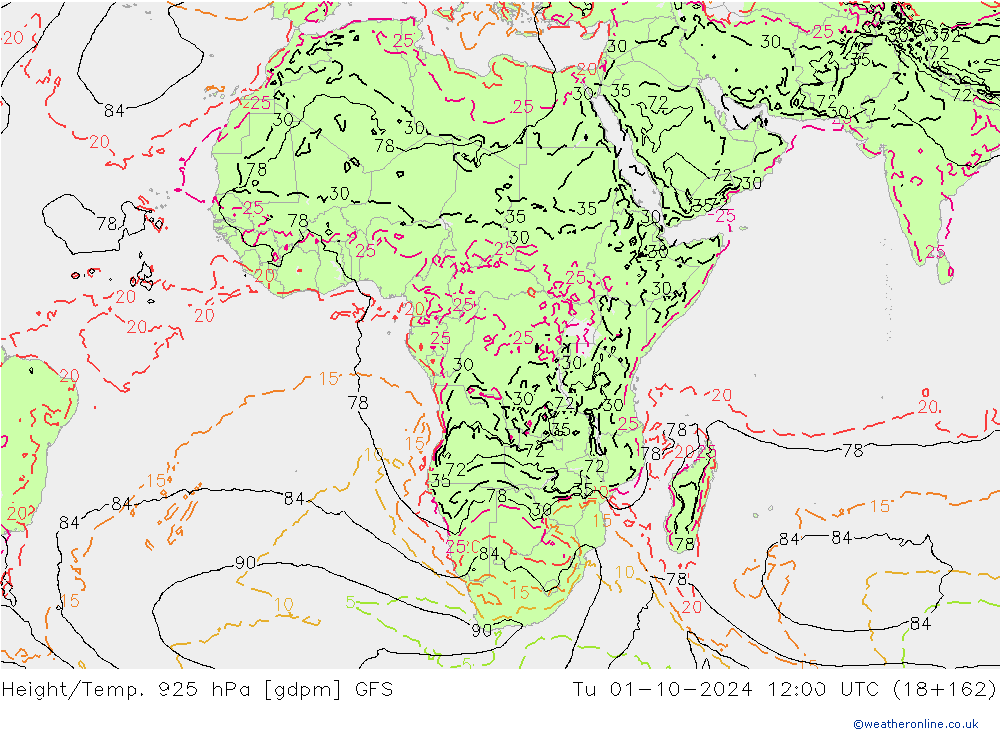 Geop./Temp. 925 hPa GFS mar 01.10.2024 12 UTC