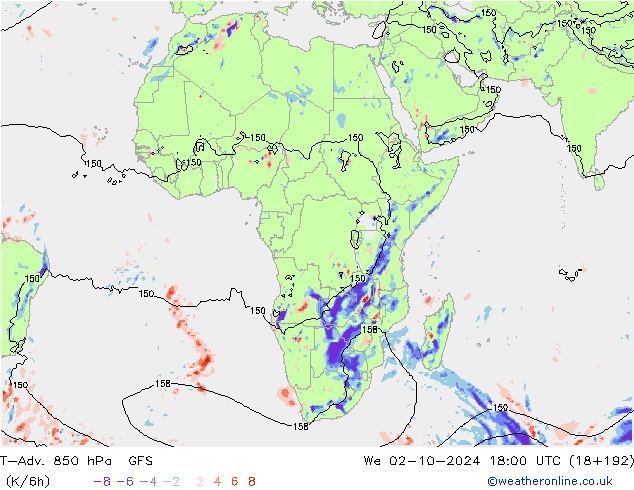 T-Adv. 850 hPa GFS mer 02.10.2024 18 UTC