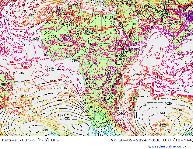 Theta-e 700hPa GFS Mo 30.09.2024 18 UTC