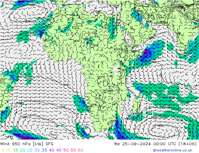 Wind 950 hPa GFS We 25.09.2024 00 UTC