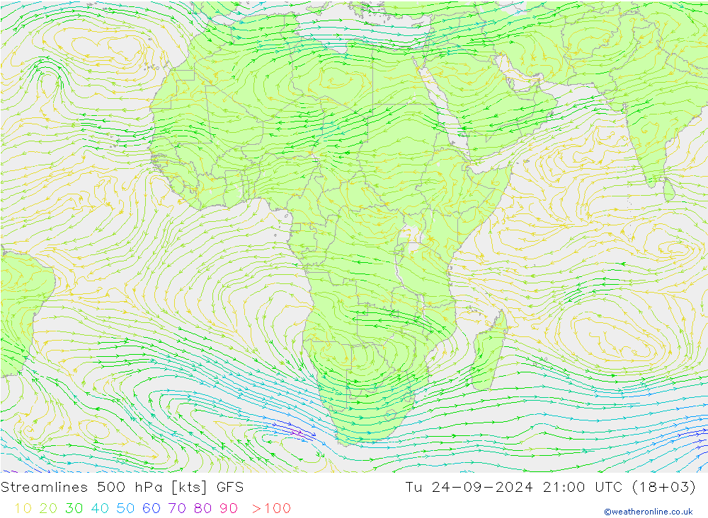 Linea di flusso 500 hPa GFS mar 24.09.2024 21 UTC