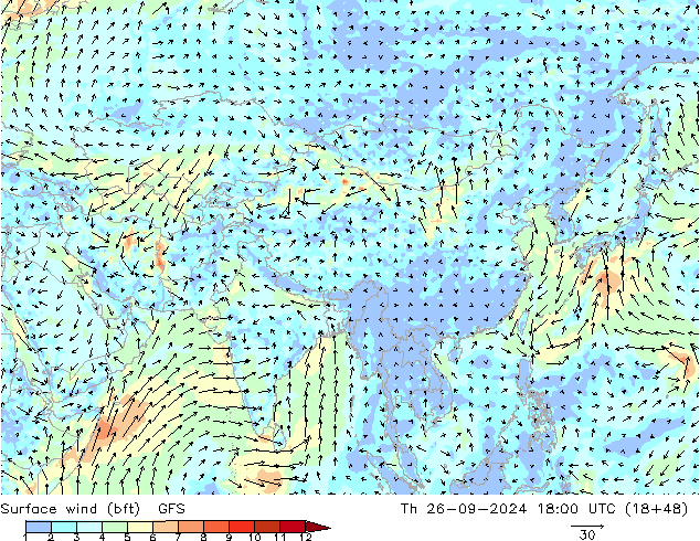 Surface wind (bft) GFS Th 26.09.2024 18 UTC