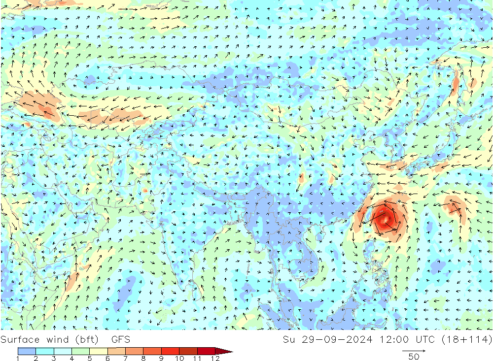 Surface wind (bft) GFS Ne 29.09.2024 12 UTC