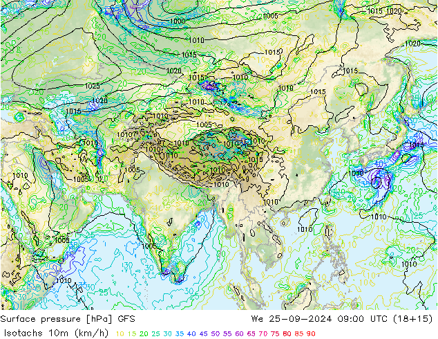 Isotachs (kph) GFS  25.09.2024 09 UTC