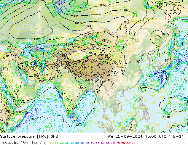 Isotaca (kph) GFS mié 25.09.2024 15 UTC