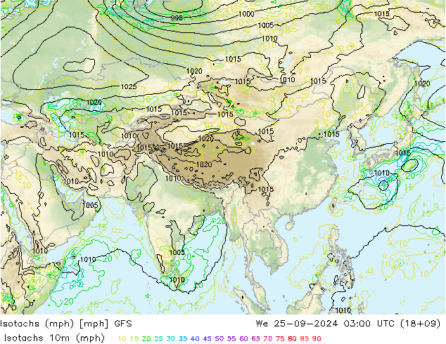 Isotachs (mph) GFS ср 25.09.2024 03 UTC