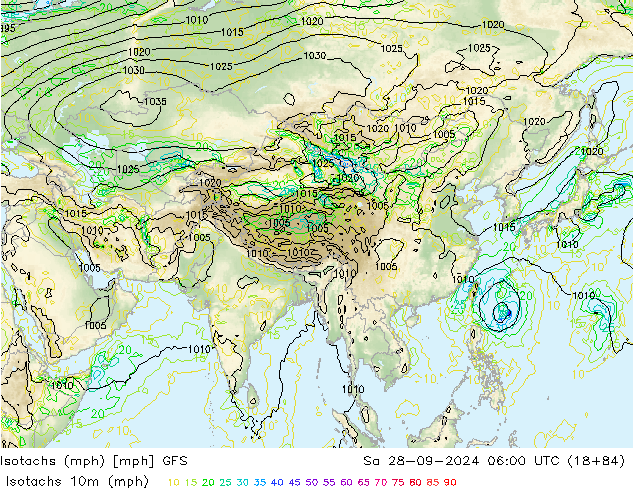 Izotacha (mph) GFS so. 28.09.2024 06 UTC