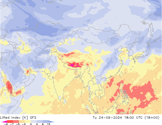 Lifted Index GFS Út 24.09.2024 18 UTC