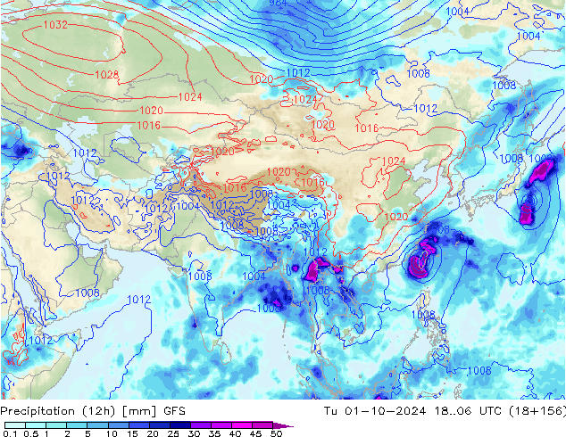 Precipitation (12h) GFS Tu 01.10.2024 06 UTC