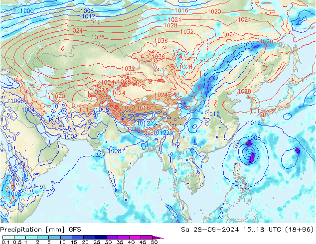 Srážky GFS So 28.09.2024 18 UTC