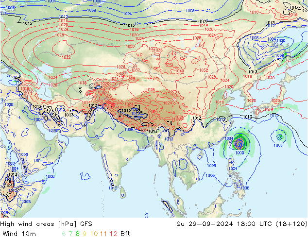 High wind areas GFS Dom 29.09.2024 18 UTC