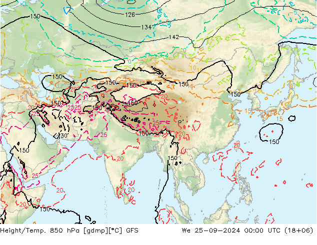 Height/Temp. 850 гПа GFS ср 25.09.2024 00 UTC