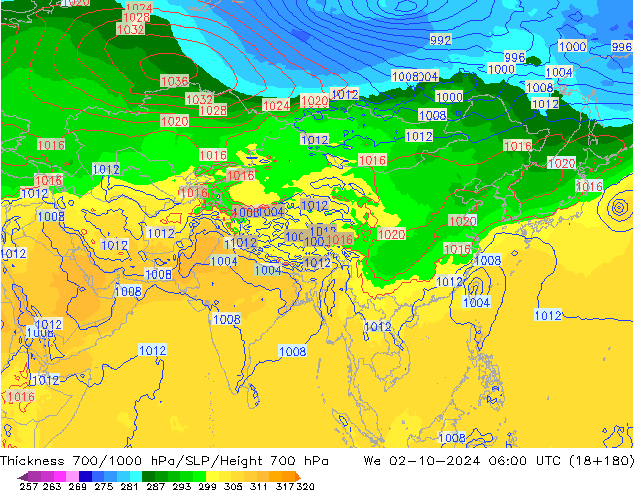 Thck 700-1000 hPa GFS We 02.10.2024 06 UTC