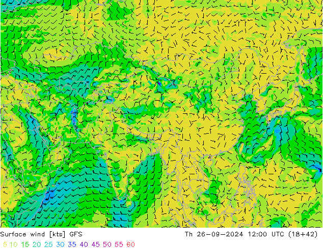 wiatr 10 m GFS czw. 26.09.2024 12 UTC