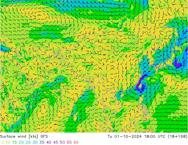 Surface wind GFS Tu 01.10.2024 18 UTC