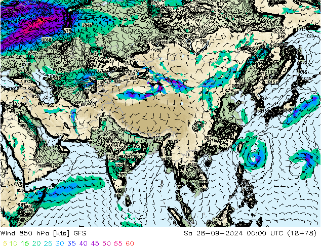 Vento 850 hPa GFS Sáb 28.09.2024 00 UTC