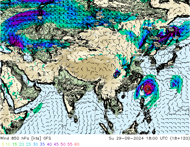 Rüzgar 850 hPa GFS Paz 29.09.2024 18 UTC