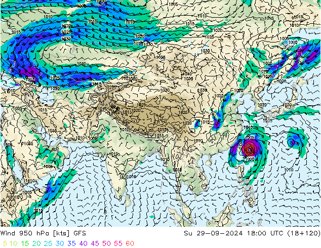 Wind 950 hPa GFS Su 29.09.2024 18 UTC