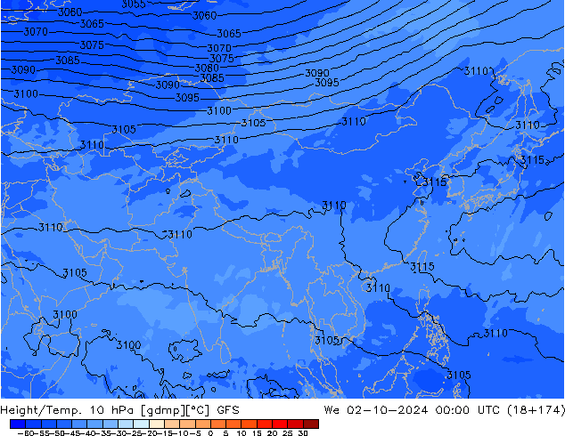 Hoogte/Temp. 10 hPa GFS wo 02.10.2024 00 UTC