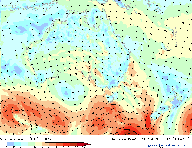 wiatr 10 m (bft) GFS śro. 25.09.2024 09 UTC