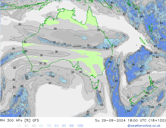 Humedad rel. 300hPa GFS dom 29.09.2024 18 UTC