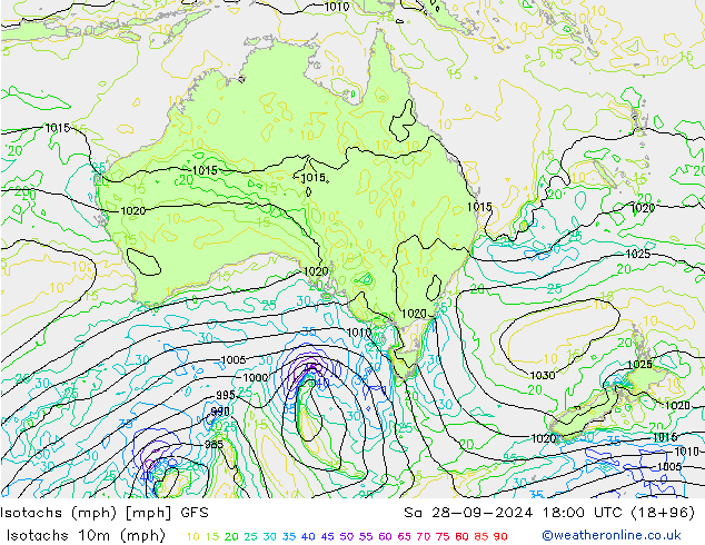 Izotacha (mph) GFS so. 28.09.2024 18 UTC