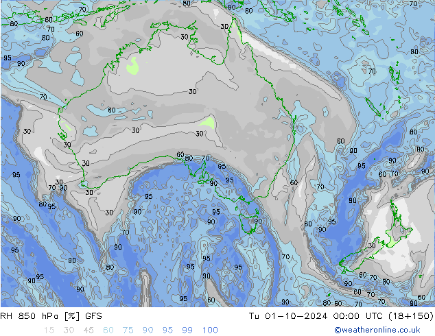 RH 850 hPa GFS Út 01.10.2024 00 UTC