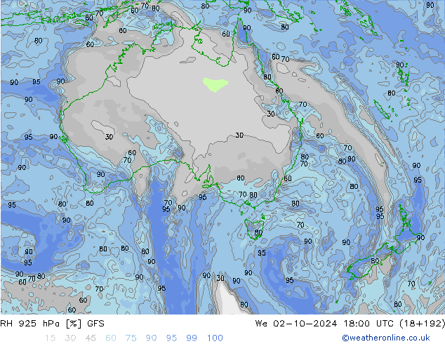 Humedad rel. 925hPa GFS mié 02.10.2024 18 UTC