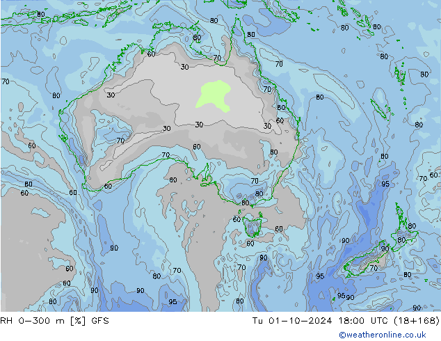 RH 0-300 m GFS  01.10.2024 18 UTC