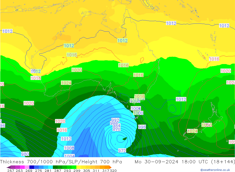 Thck 700-1000 hPa GFS Mo 30.09.2024 18 UTC