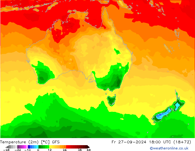 température (2m) GFS ven 27.09.2024 18 UTC