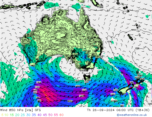 Wind 850 hPa GFS Čt 26.09.2024 06 UTC