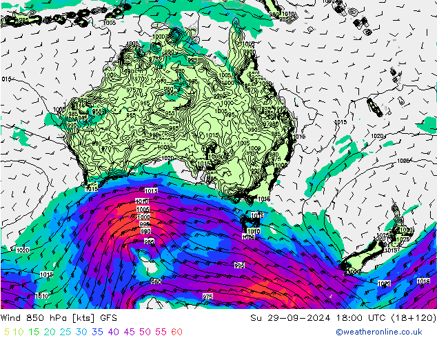 Vento 850 hPa GFS dom 29.09.2024 18 UTC