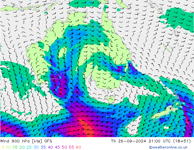 wiatr 900 hPa GFS czw. 26.09.2024 21 UTC