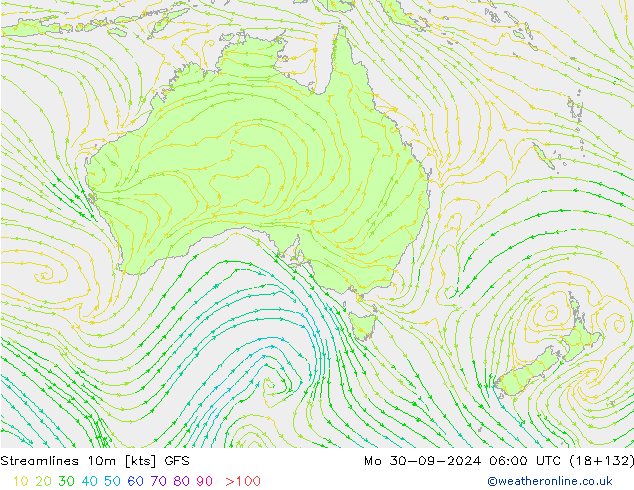 Ligne de courant 10m GFS lun 30.09.2024 06 UTC