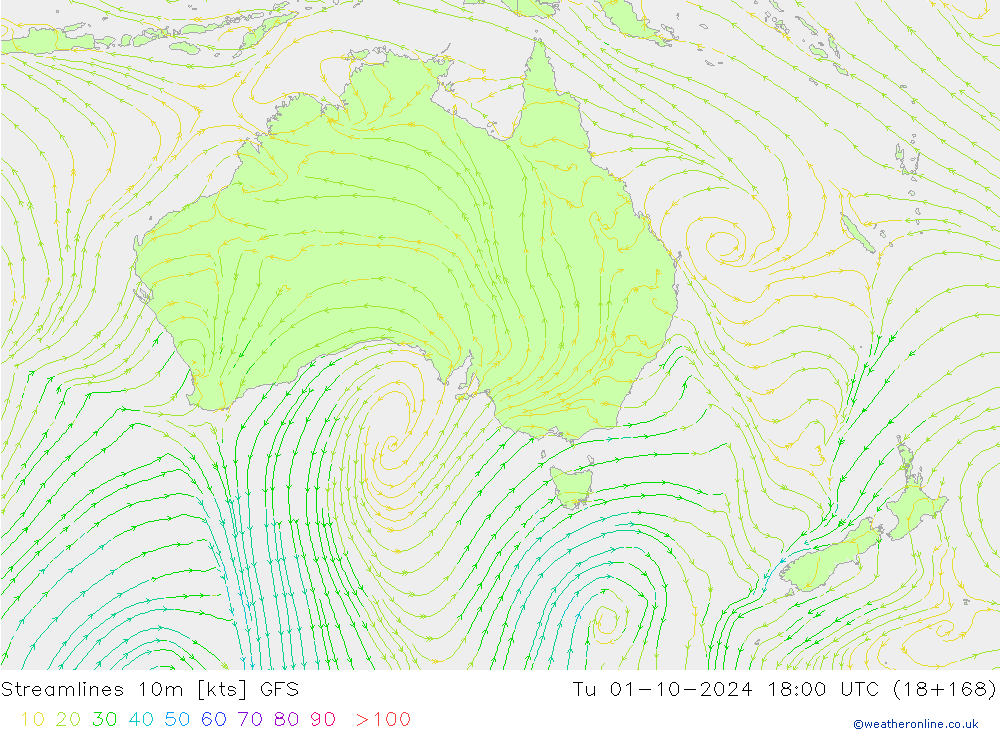 Stromlinien 10m GFS Di 01.10.2024 18 UTC