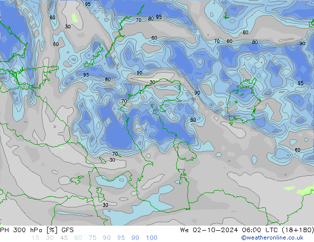 Humidité rel. 300 hPa GFS mer 02.10.2024 06 UTC