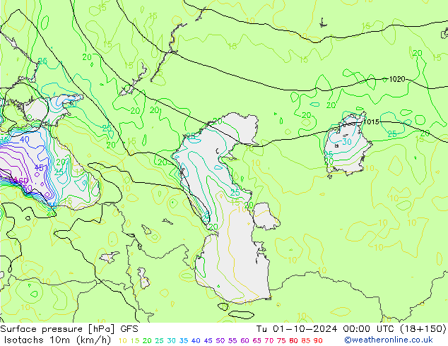 Isotachs (kph) GFS Út 01.10.2024 00 UTC