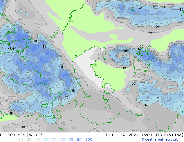 RH 700 hPa GFS wto. 01.10.2024 18 UTC