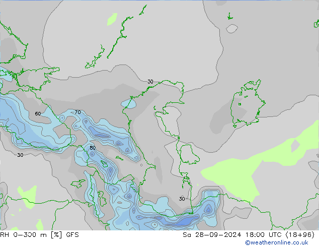 RH 0-300 m GFS  28.09.2024 18 UTC