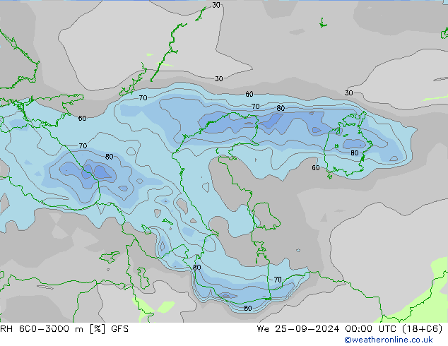 Humidité rel. 600-3000 m GFS mer 25.09.2024 00 UTC