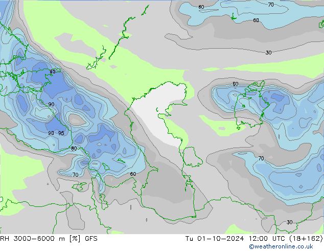 RH 3000-6000 m GFS Tu 01.10.2024 12 UTC