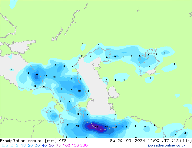 Precipitation accum. GFS Dom 29.09.2024 12 UTC